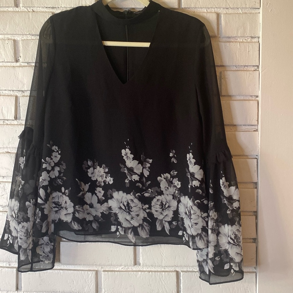 WHBM black floral bell sleeve blouse